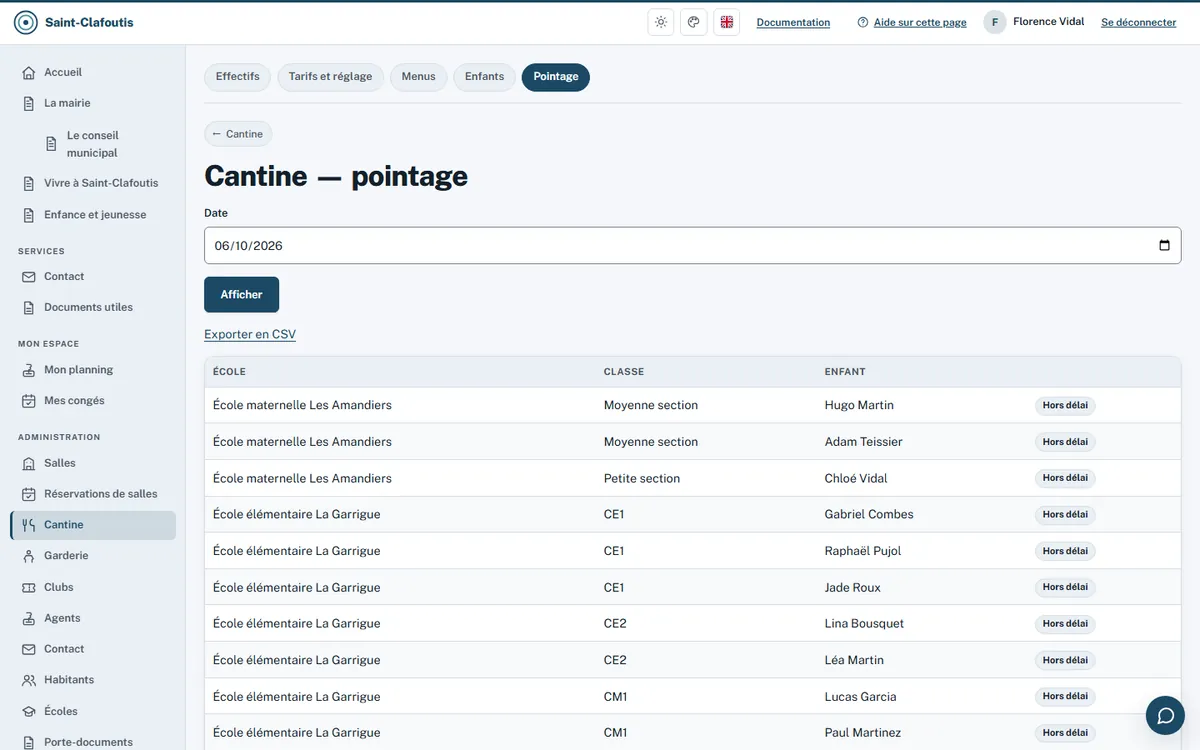 Écran de pointage de la cantine pour une date : liste des enfants inscrits, export en CSV.