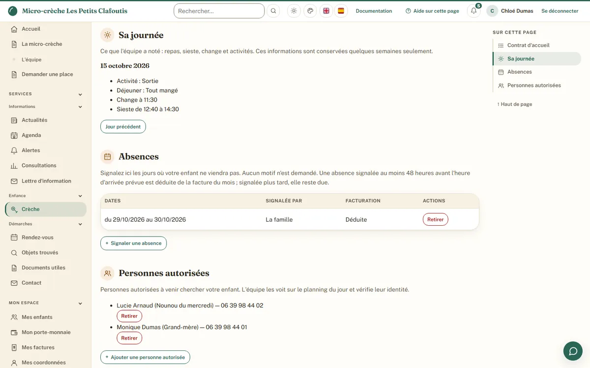 Página de un niño en el portal de demostración de la microescuela infantil (interfaz en francés): su día del 15 de octubre (salida, comida terminada, cambio de pañal a las 11:30, siesta de 12:40 a 14:30), la ausencia avisada por la familia y deducida de la factura, y las dos personas autorizadas a recogerlo.