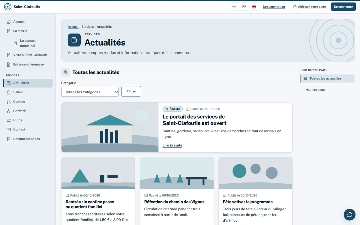 Page des actualités : l'ouverture du portail à la une, puis la cantine, des travaux de voirie et la fête votive.