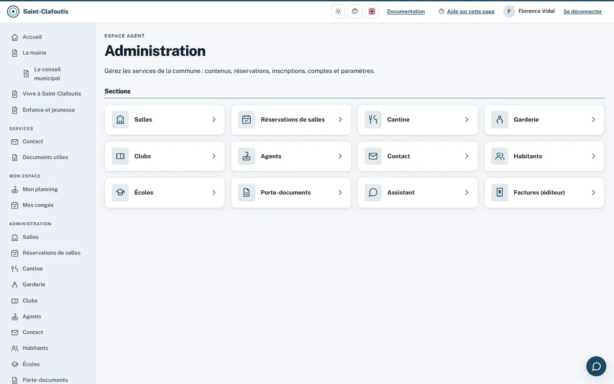 Tableau de bord de l'administration communale : une tuile par service (salles, réservations, cantine, garderie, clubs, agents, contact, habitants…).
