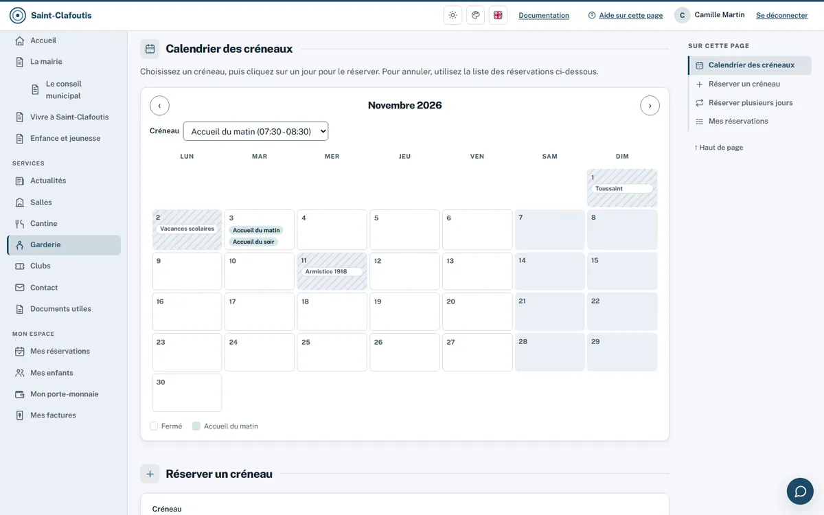 Calendrier de la garderie d'un enfant : choix du créneau du matin ou du soir, jours réservés, vacances et jours fériés fermés.