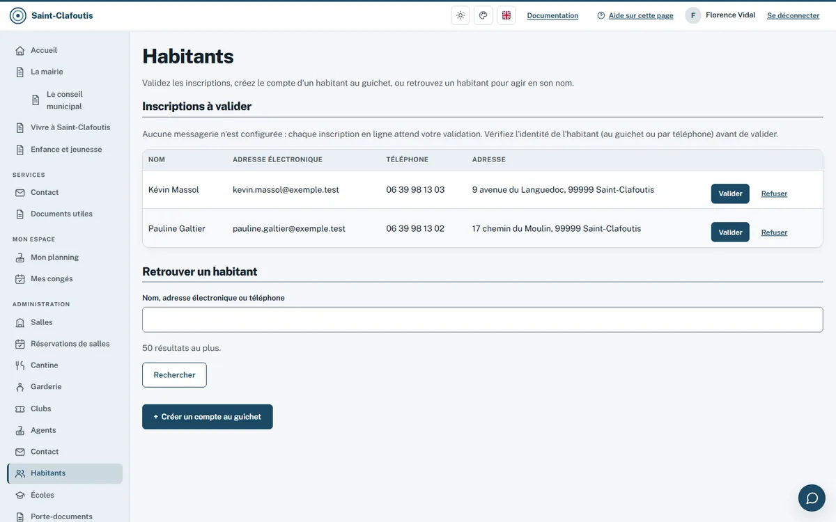 Page Habitants : deux inscriptions en ligne à valider, recherche d'un habitant et création d'un compte au guichet.