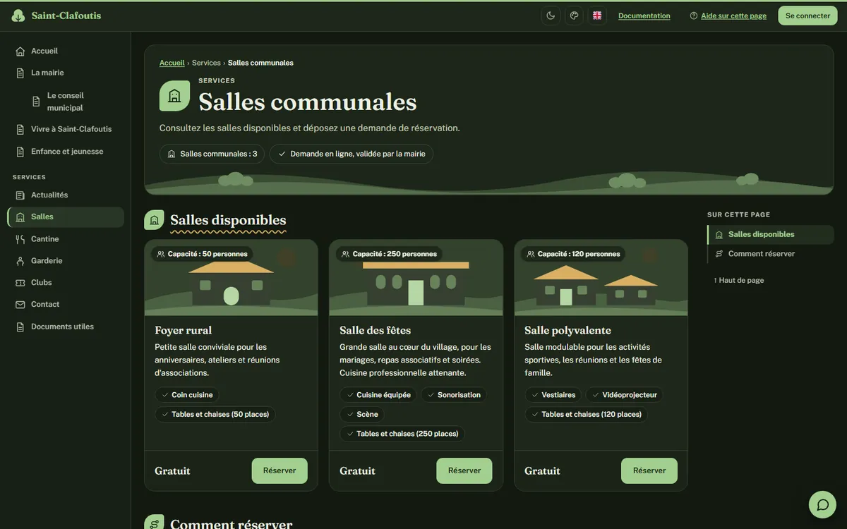 Page des actualités du portail, thème Bocage, mode sombre.