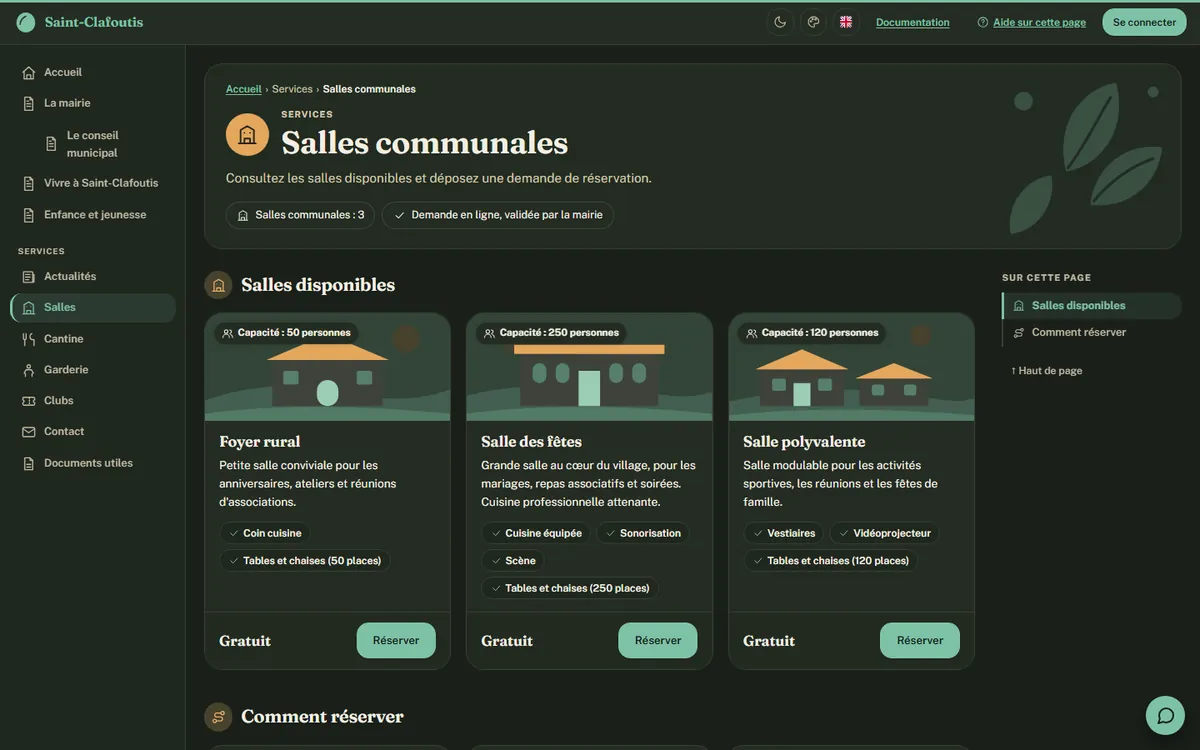 Page des actualités du portail, thème Tilleul, mode sombre.